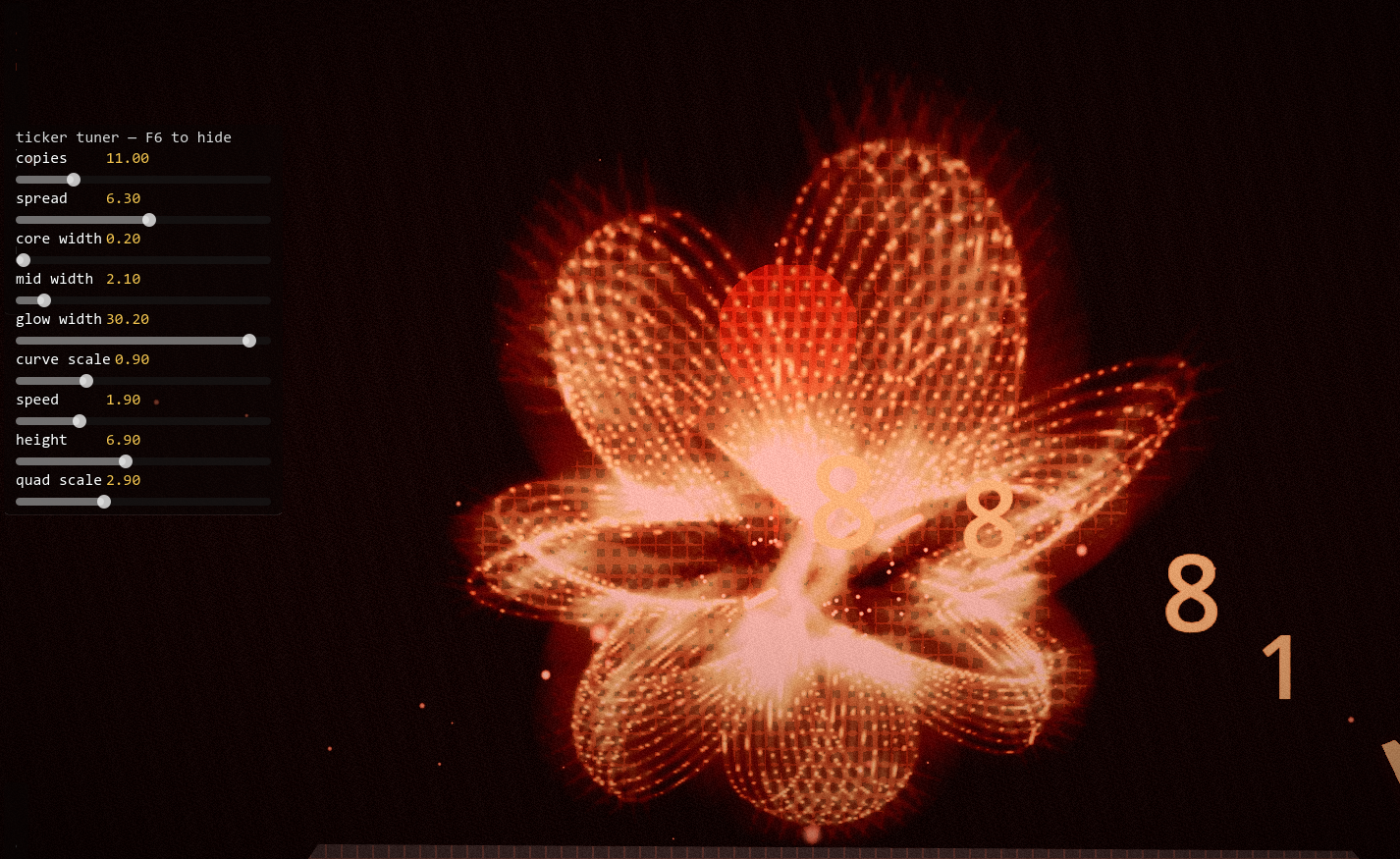 Orange particle flower beside a ticker tuning interface