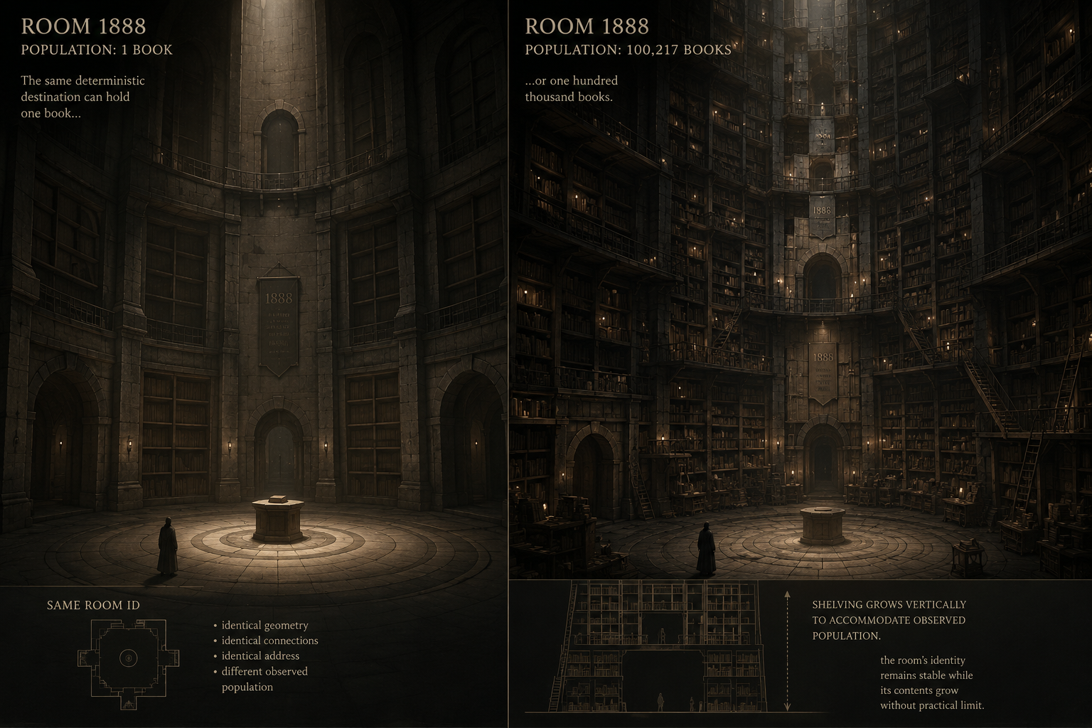 Concept comparison of Room 1888 holding one book and one hundred thousand books