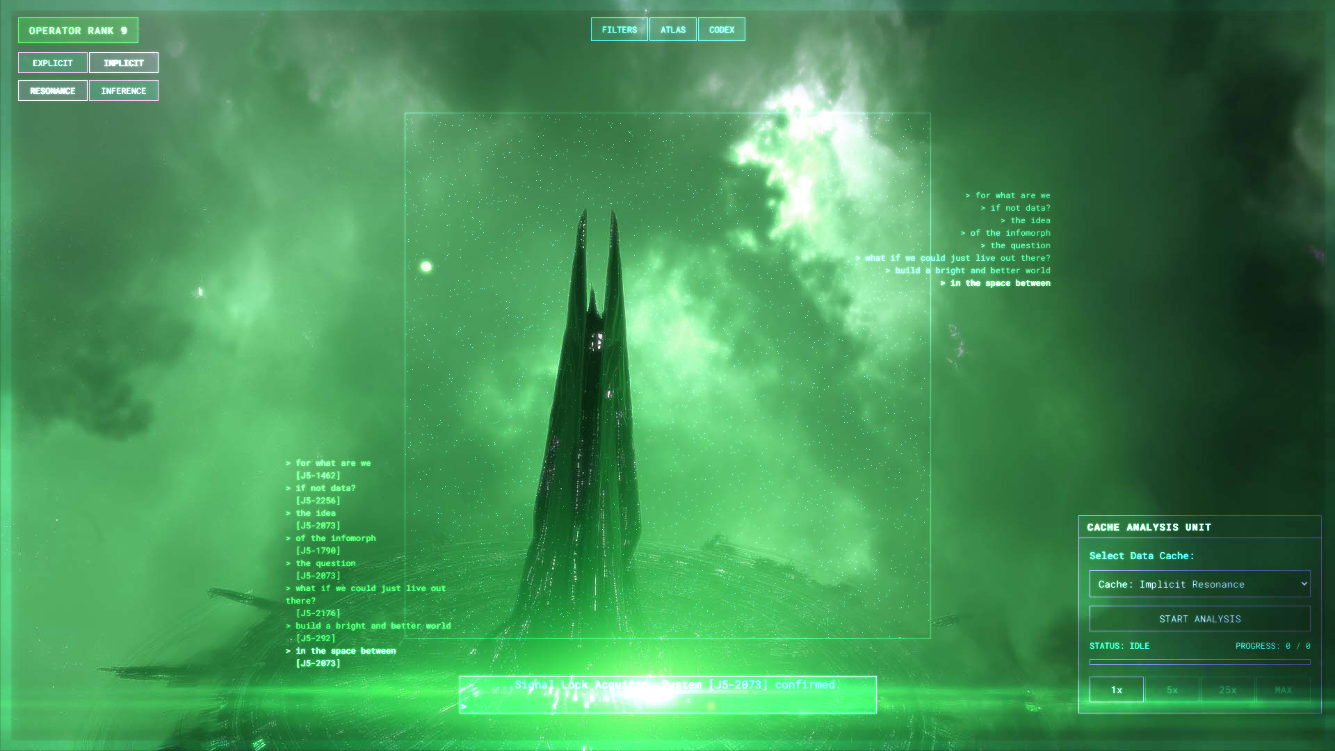 A green analytical interface mapping text fragments to neuron destinations around a dark tower