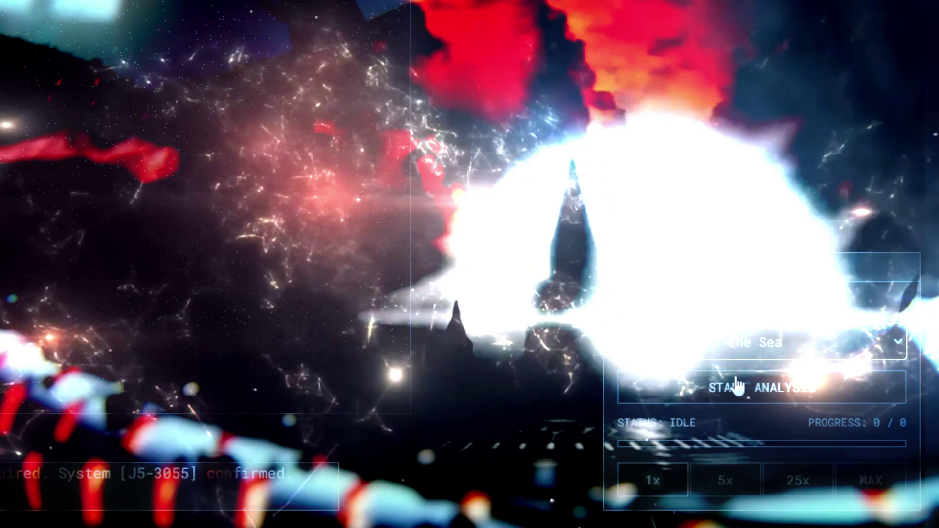 An overexposed white and red form rupturing across a cosmic interface