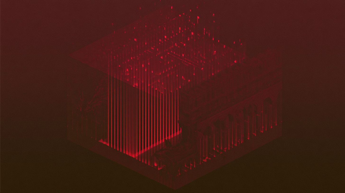 A colossal black-box architecture glowing with red vertical data structures