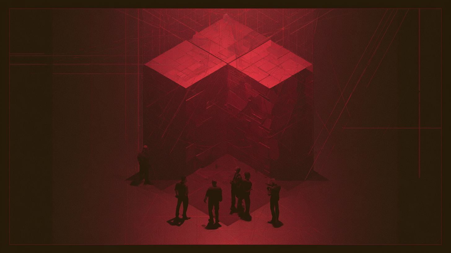 A group of people examining a vast open black-box structure illuminated in red